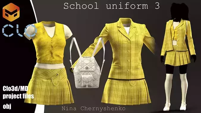 School uniform 3 - Marvelous Designer project and OBJ