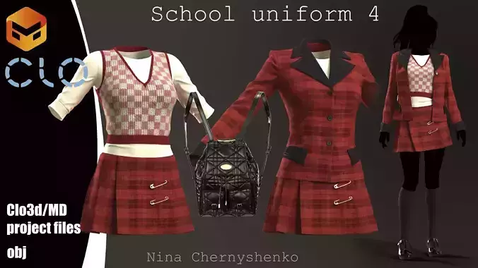 School uniform 4 - Marvelous Designer project and OBJ