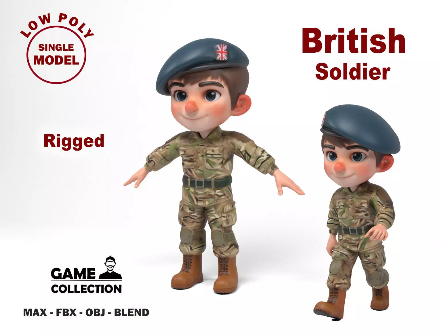 British soldier cartoon Low-poly 3D model_0