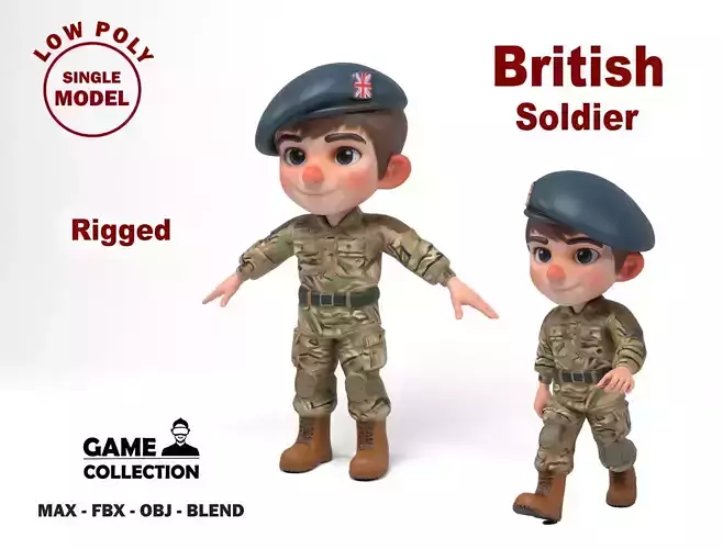 British soldier cartoon Low-poly 3D model