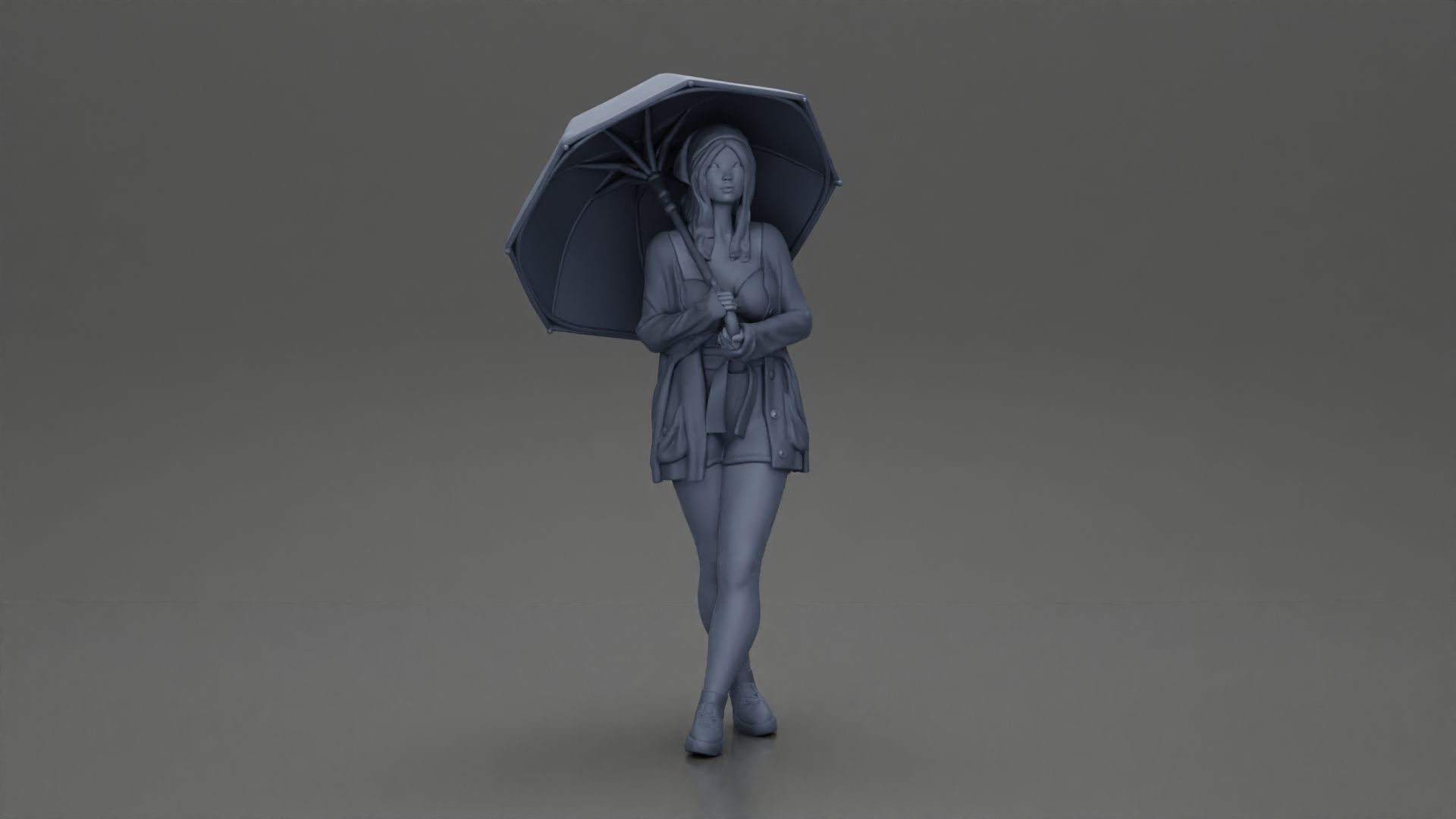 Pretty Girl with an Umbrella in Open Sweater and shorts Posing 3D print model_7