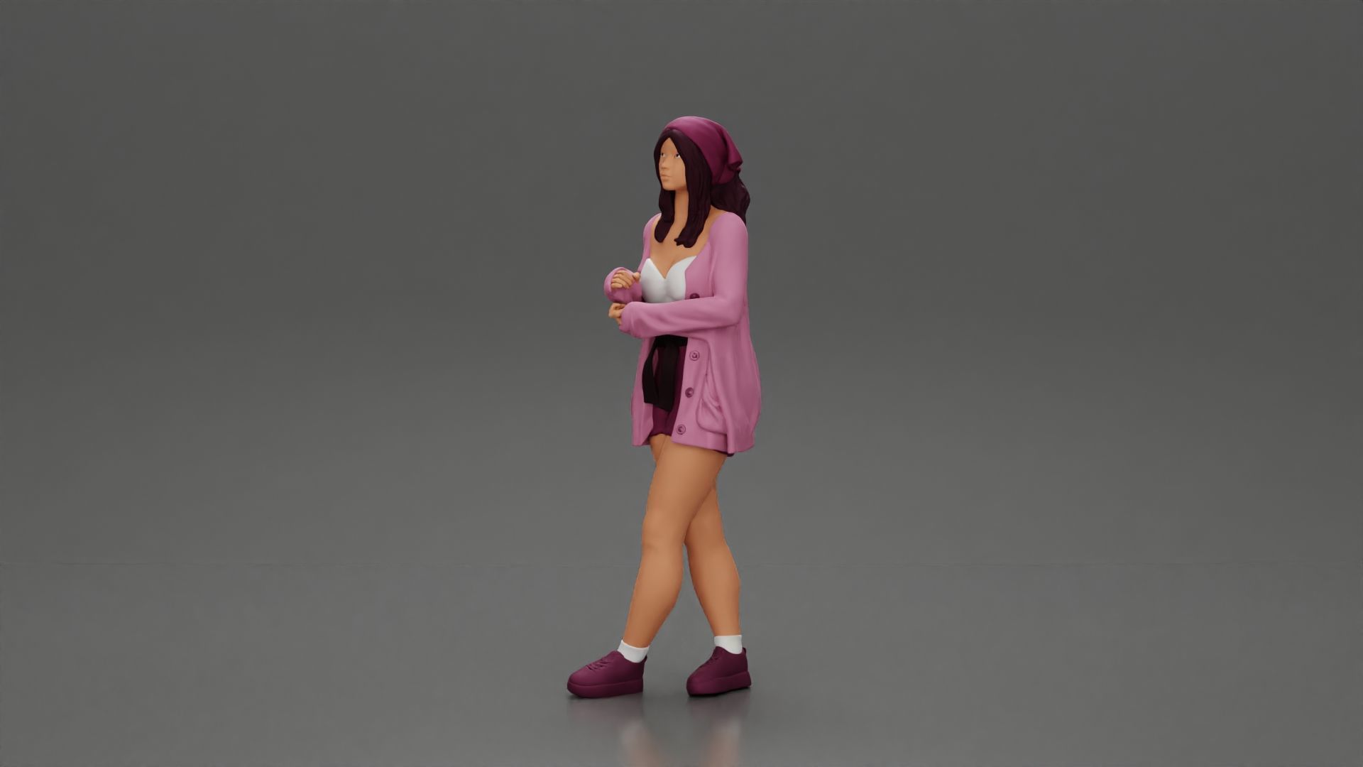 Pretty Girl with an Umbrella in Open Sweater and shorts Posing 3D print model_17
