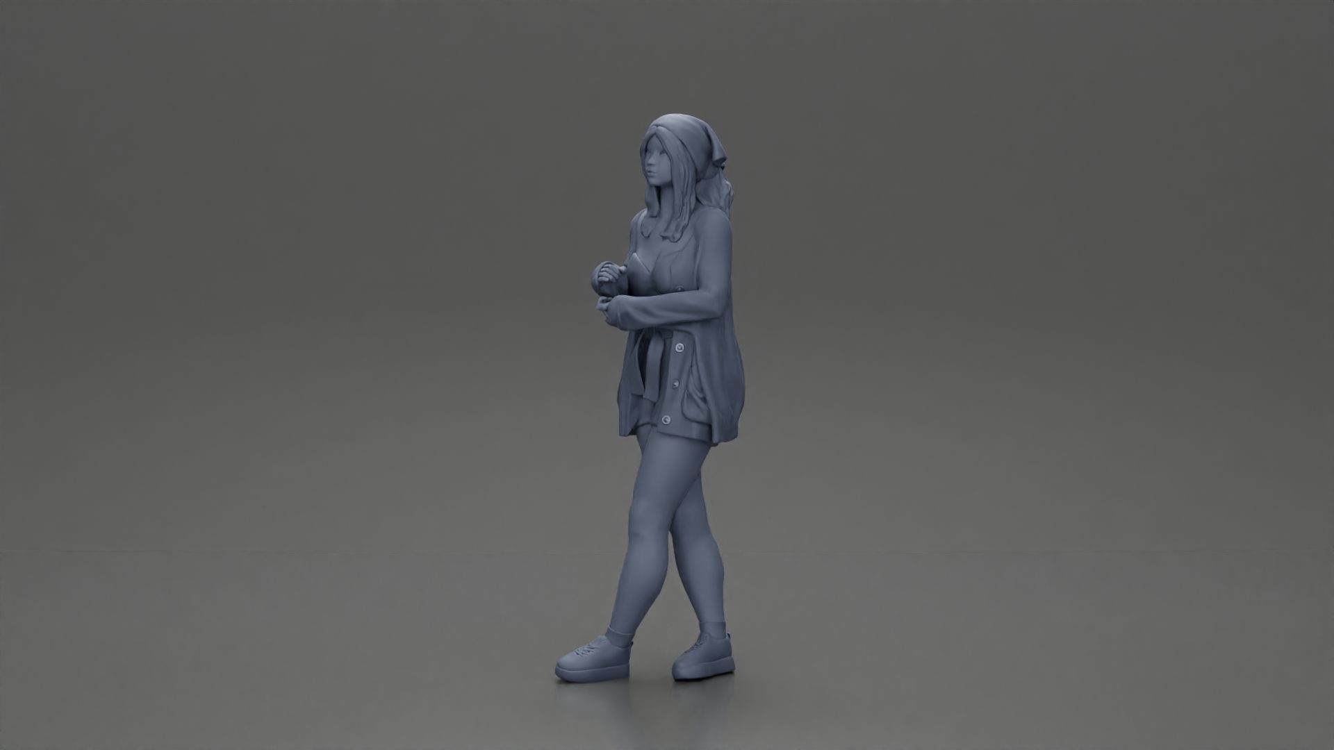 Pretty Girl with an Umbrella in Open Sweater and shorts Posing 3D print model_23
