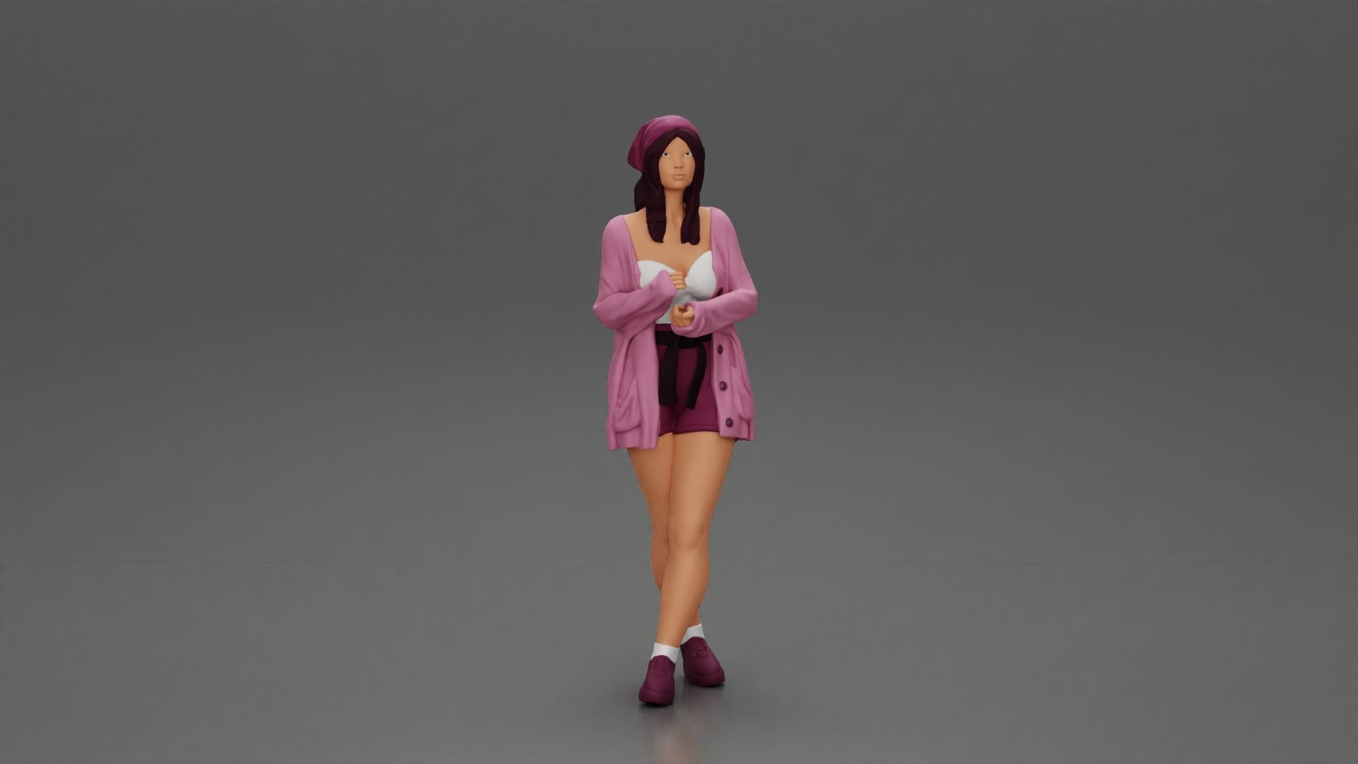 Pretty Girl with an Umbrella in Open Sweater and shorts Posing 3D print model_1
