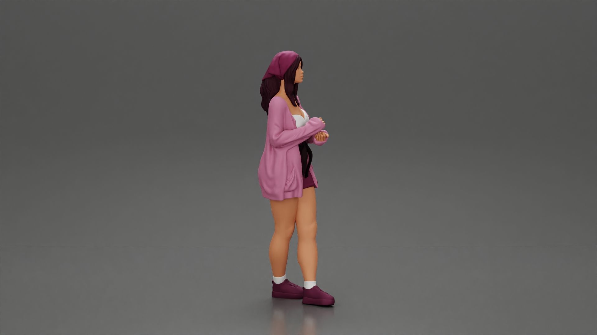 Pretty Girl with an Umbrella in Open Sweater and shorts Posing 3D print model_13