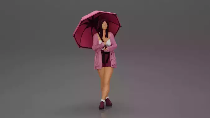 Pretty Girl with an Umbrella in Open Sweater and shorts Posing 3D print model