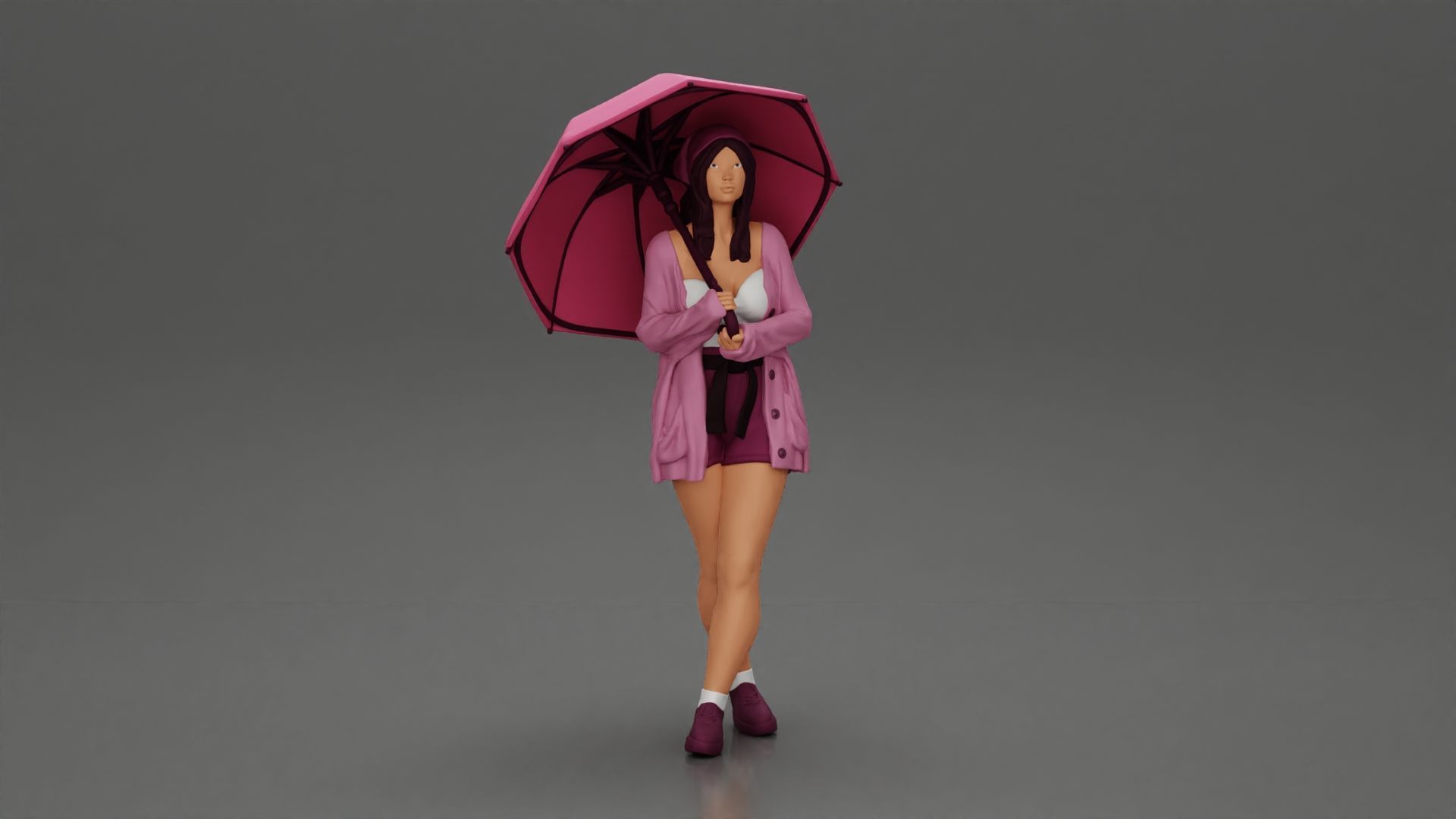 Pretty Girl with an Umbrella in Open Sweater and shorts Posing 3D print model_0