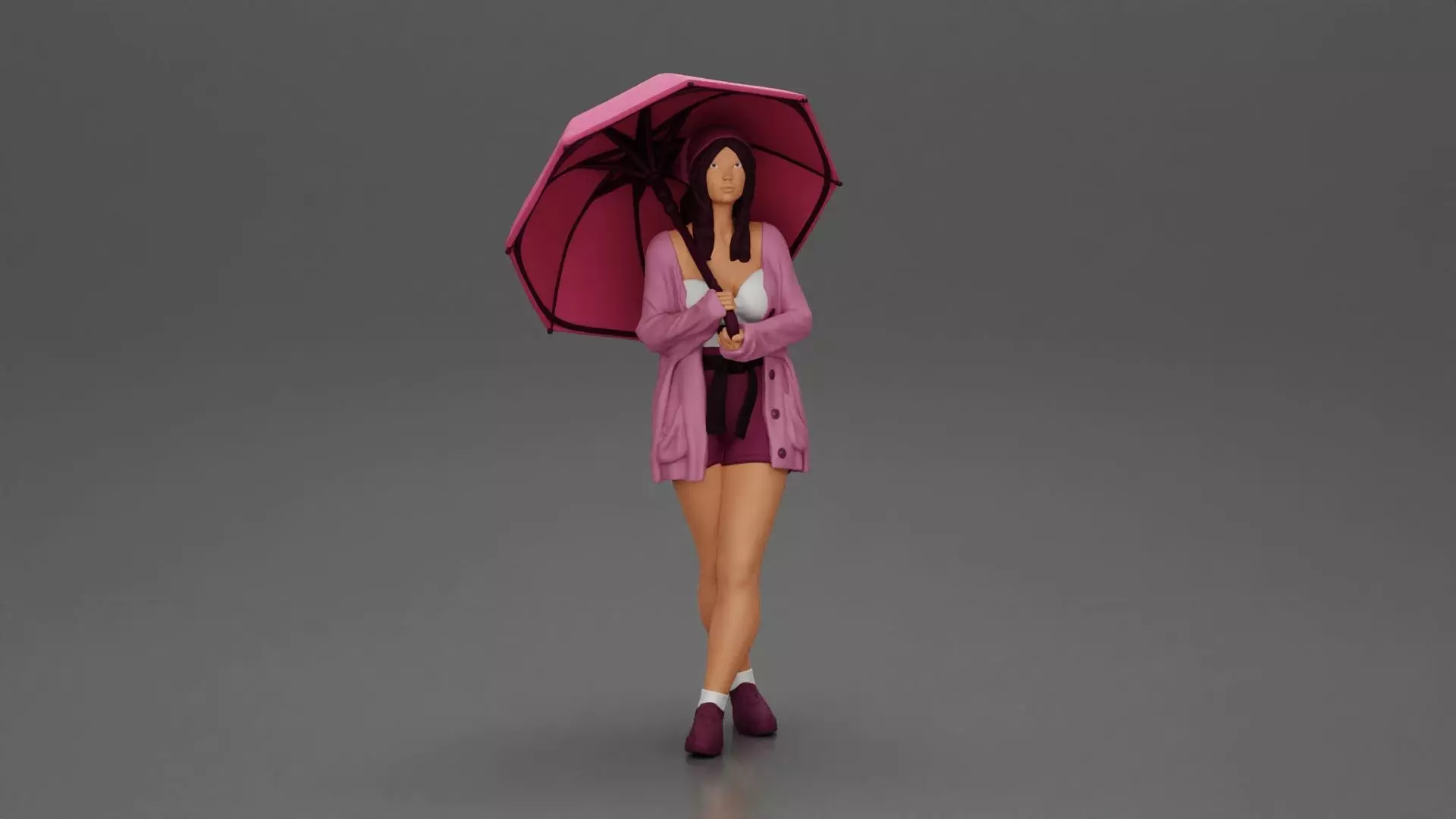 Pretty Girl with an Umbrella in Open Sweater and shorts Posing 3D print model_0