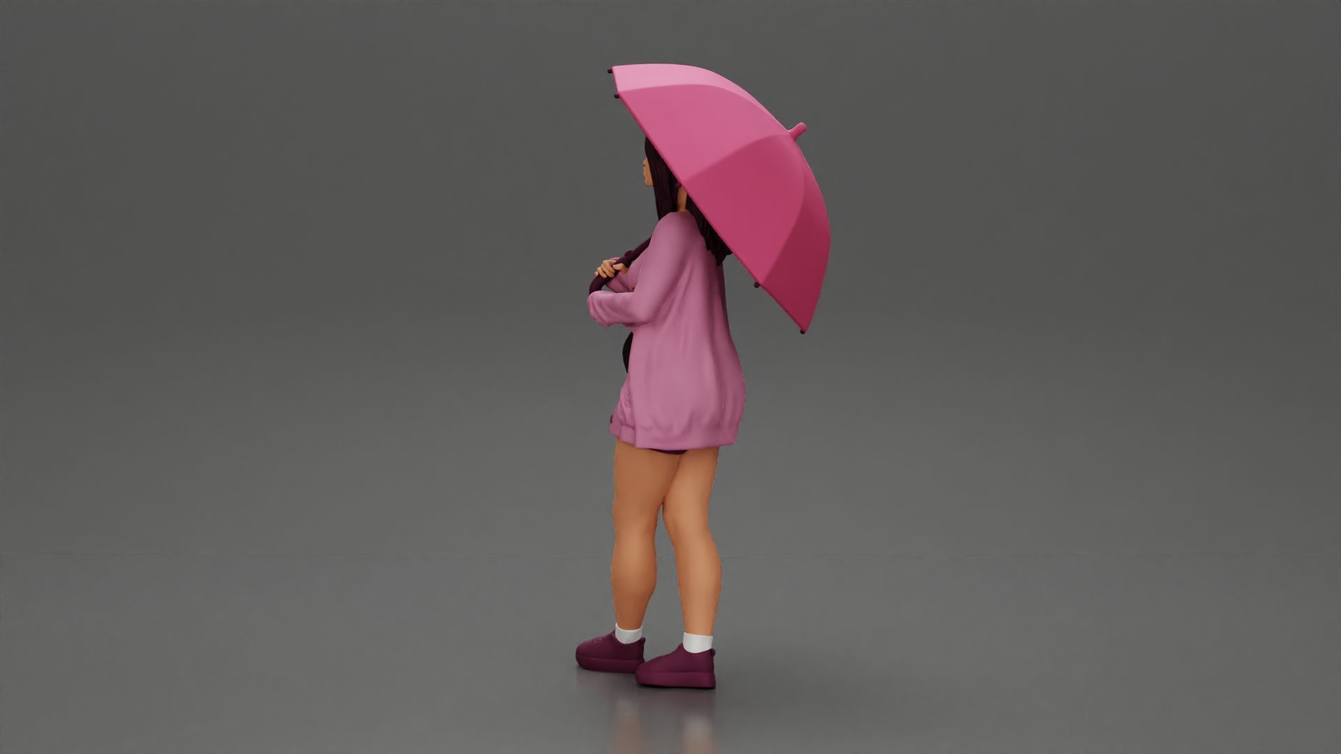 Pretty Girl with an Umbrella in Open Sweater and shorts Posing 3D print model_5