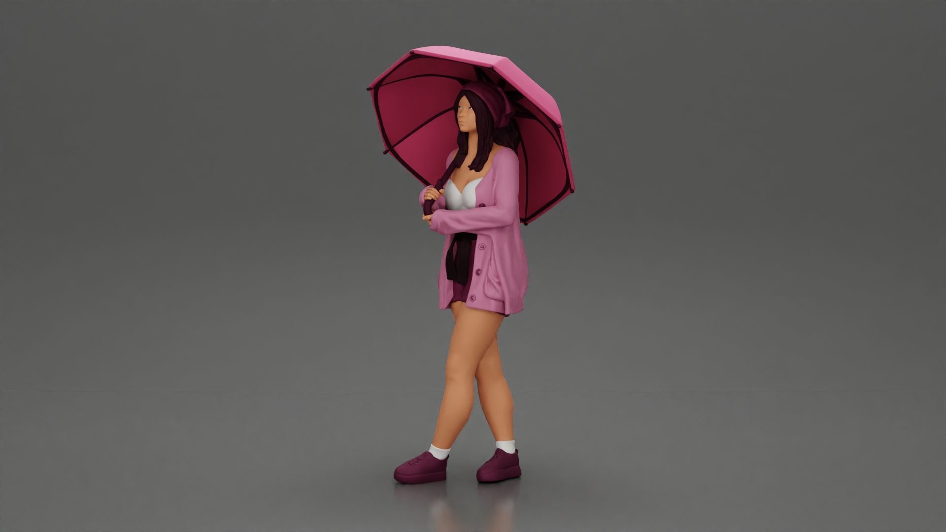 Pretty Girl with an Umbrella in Open Sweater and shorts Posing 3D print model_6