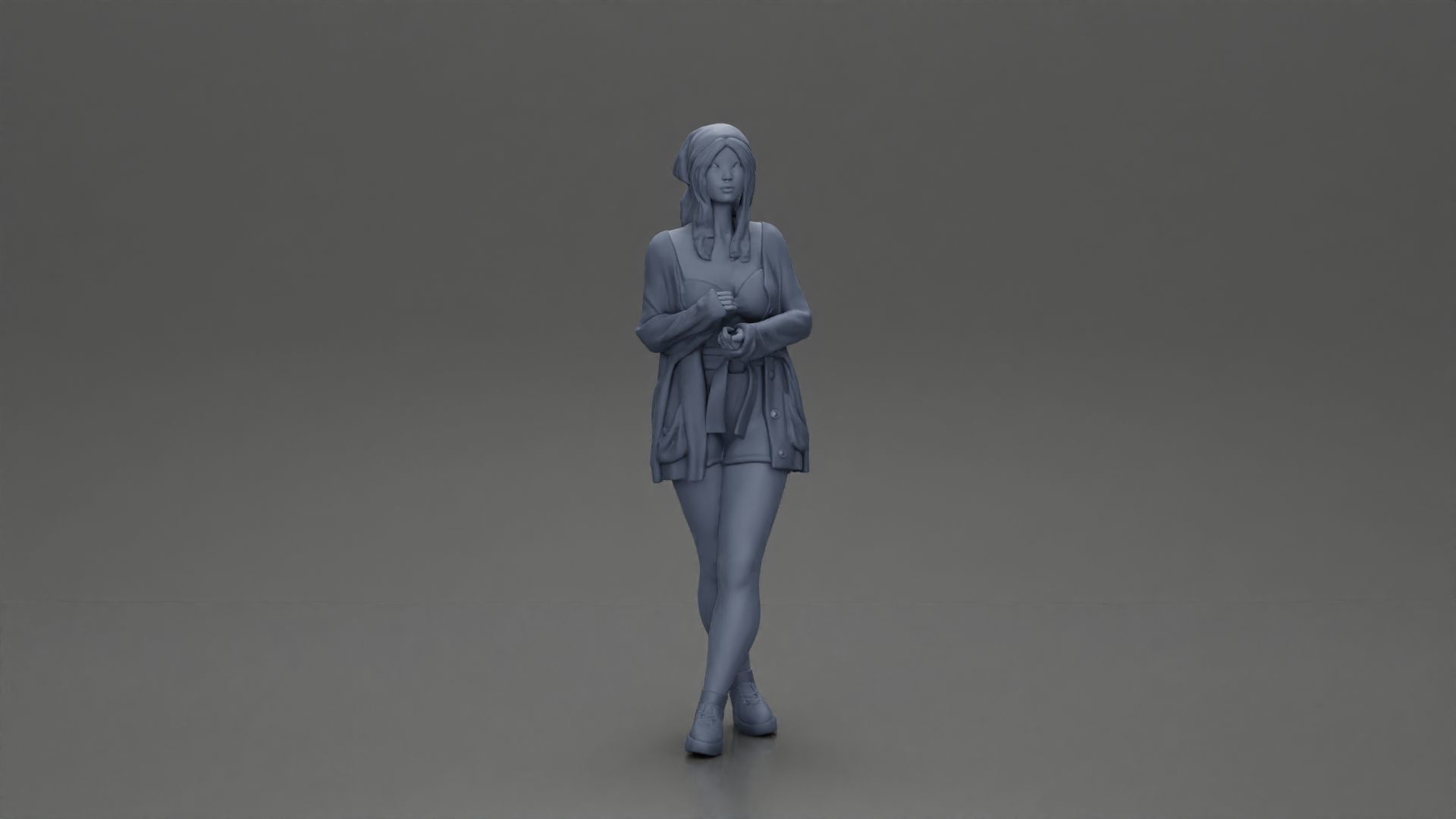 Pretty Girl with an Umbrella in Open Sweater and shorts Posing 3D print model_18