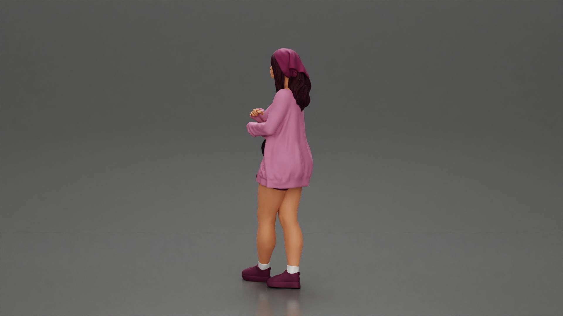 Pretty Girl with an Umbrella in Open Sweater and shorts Posing 3D print model_16