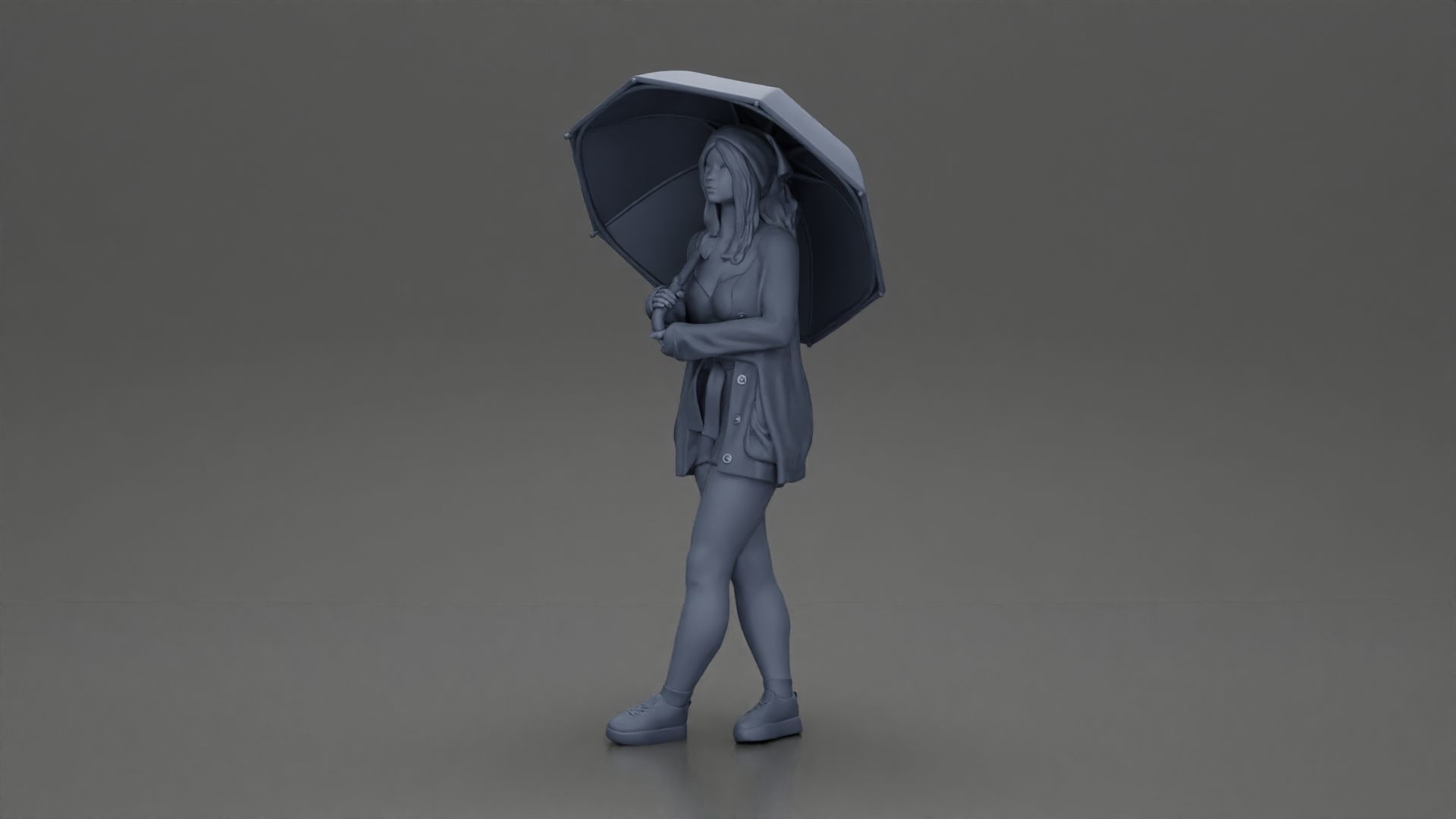 Pretty Girl with an Umbrella in Open Sweater and shorts Posing 3D print model_12