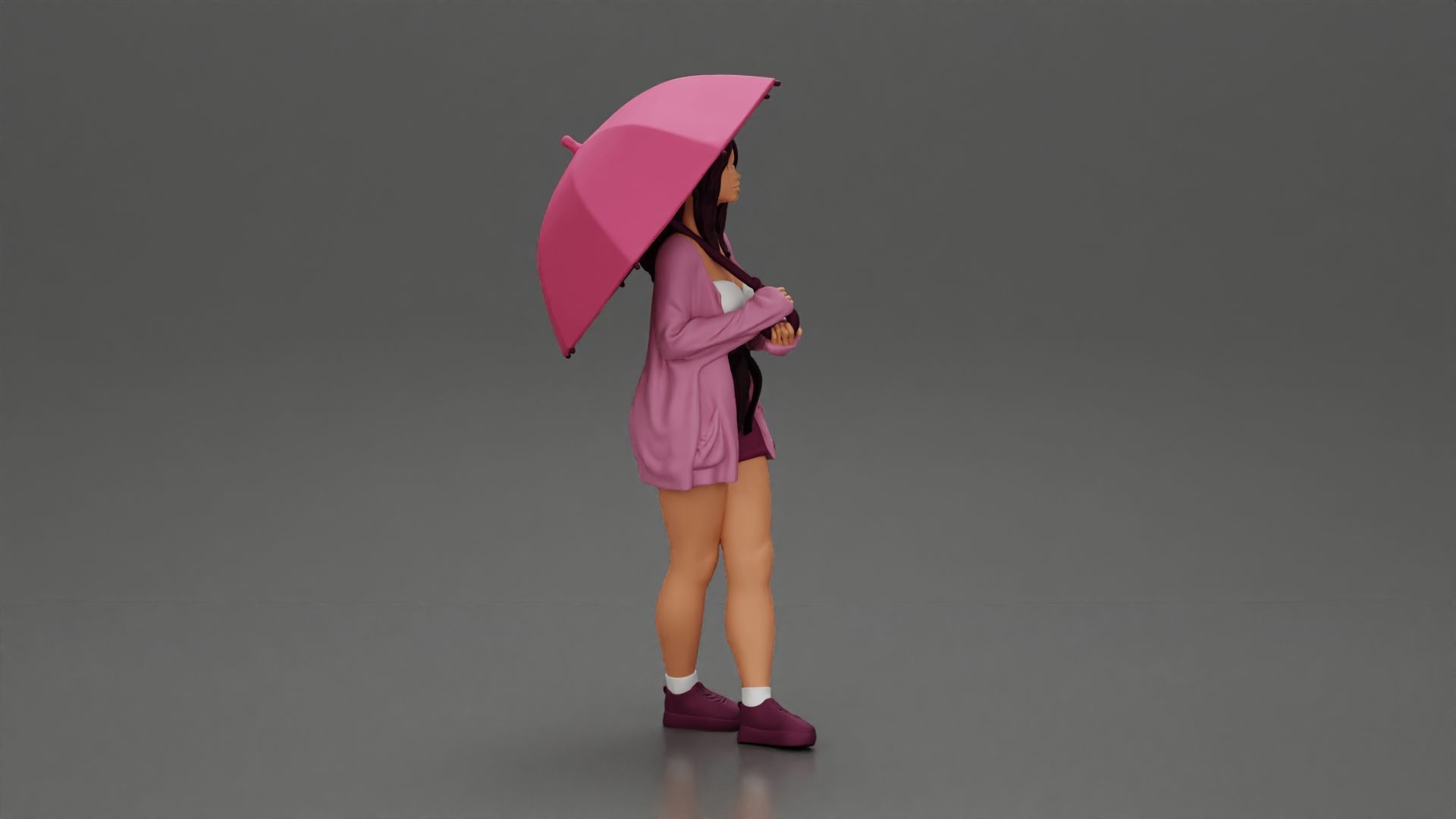 Pretty Girl with an Umbrella in Open Sweater and shorts Posing 3D print model_2