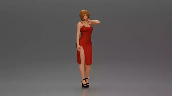 Girl in mini dress and heels with short hair places hand on neck