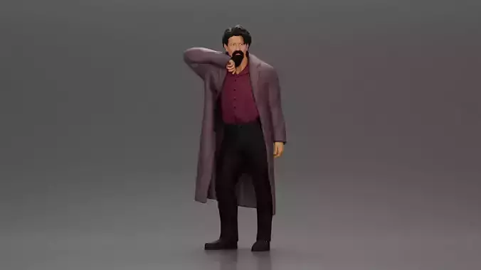 old man with pointed beard leaning against a wall with coat open