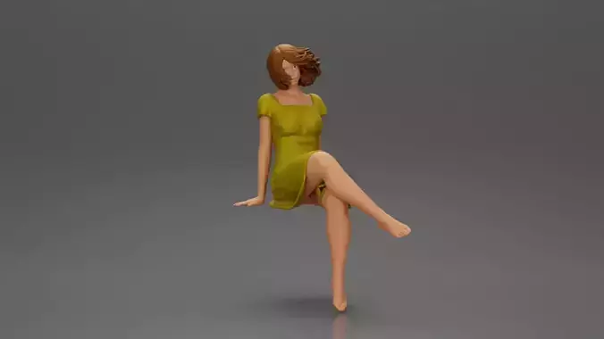 Girl in dress sitting with short hair blowing in the wind