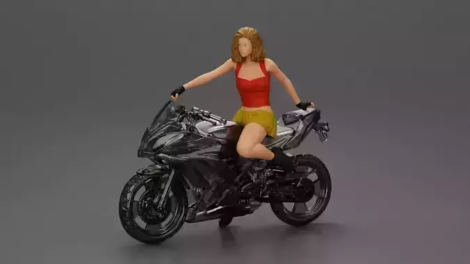 Sexy girl with short hair rides a motorbike in mini skirt