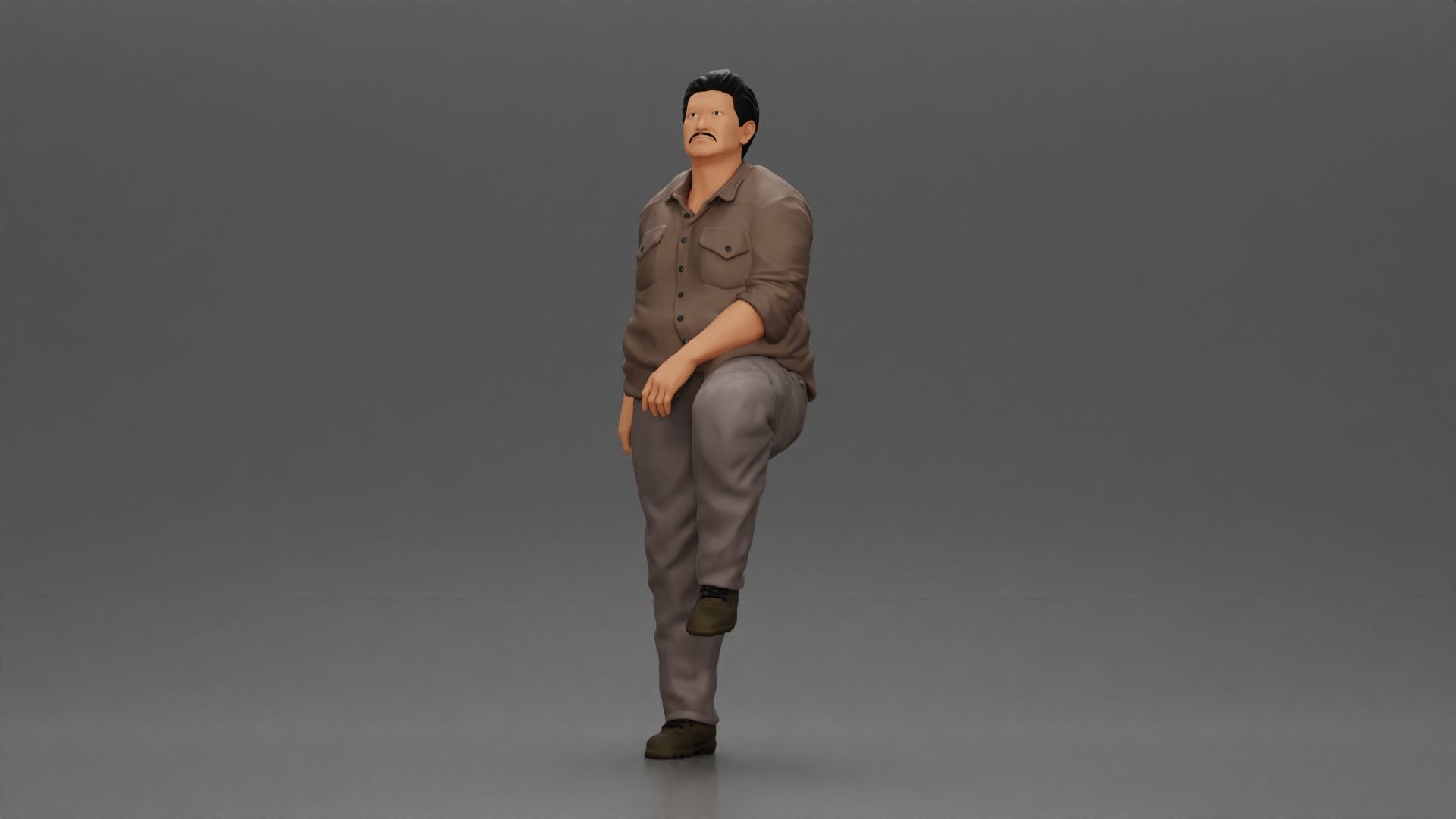 Asian man looking upward in shirt pants with leg placed on step 3D print model_5