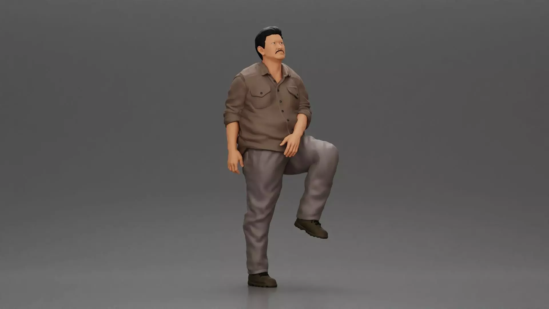Asian man looking upward in shirt pants with leg placed on step 3D print model_0