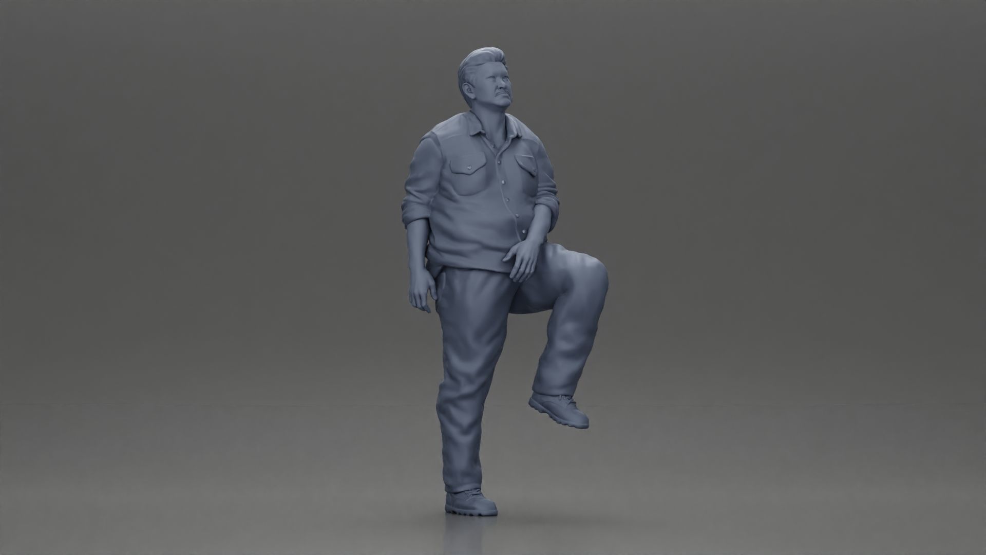 Asian man looking upward in shirt pants with leg placed on step 3D print model_6