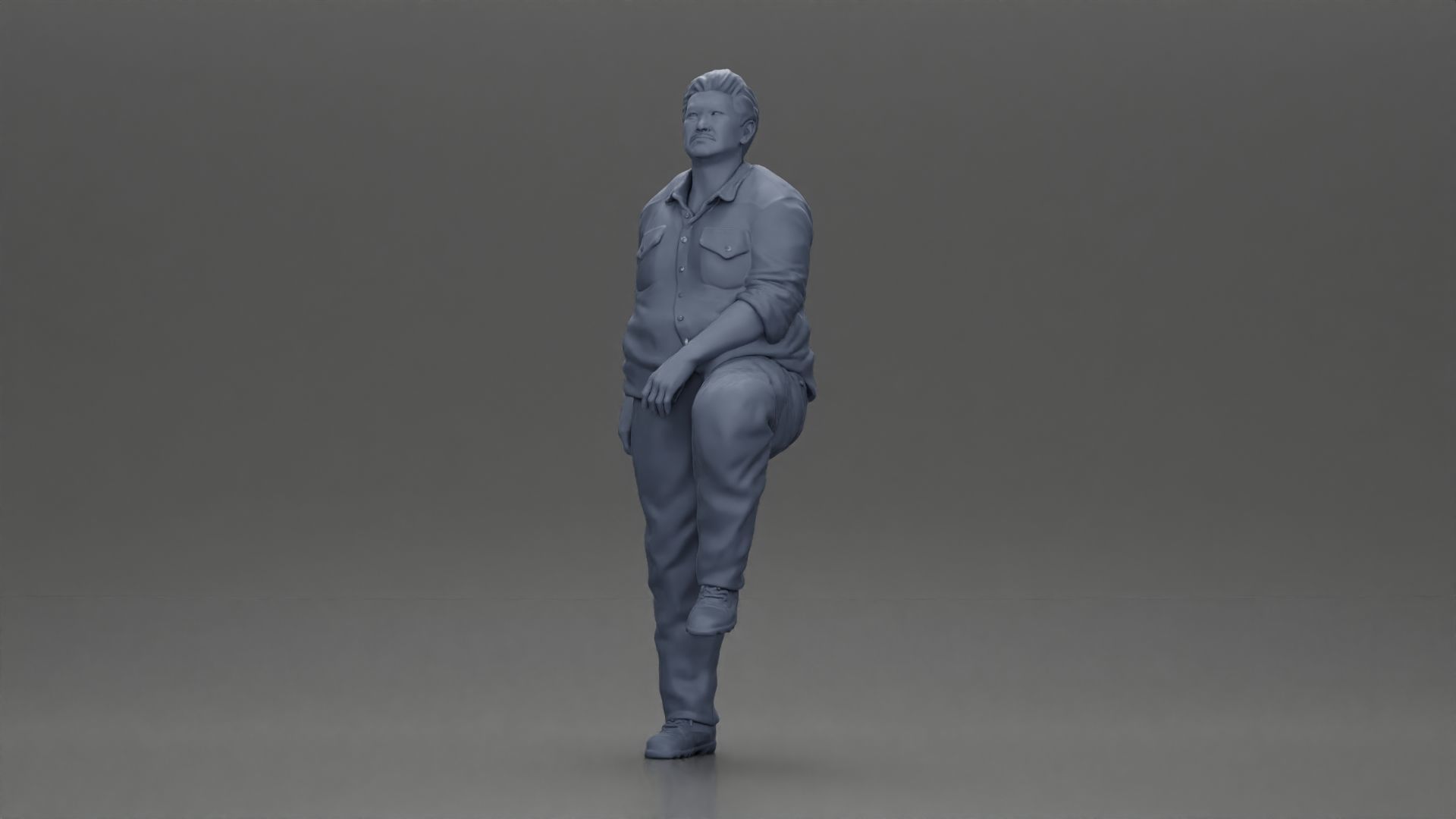 Asian man looking upward in shirt pants with leg placed on step 3D print model_11