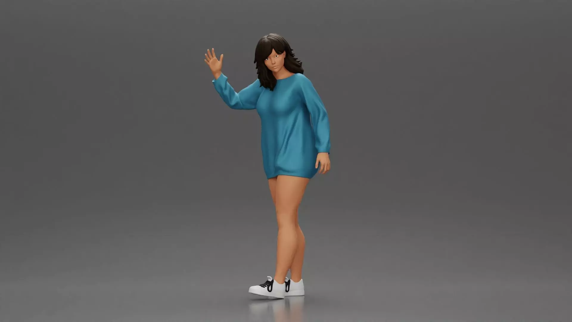 girl in a long shirt shoes walks by waving hello to someone 3D print model