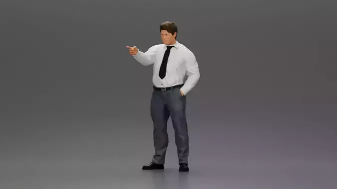 businessman white shirt tie pants pointing with hand in pocket