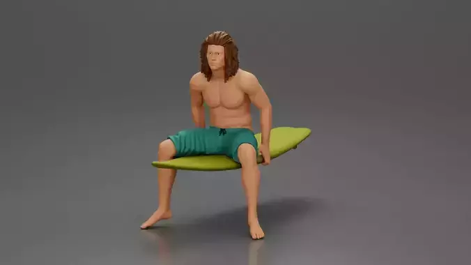 LongHaired Surfer Sitting on a Surfboard Waiting for the Waves 3D print model