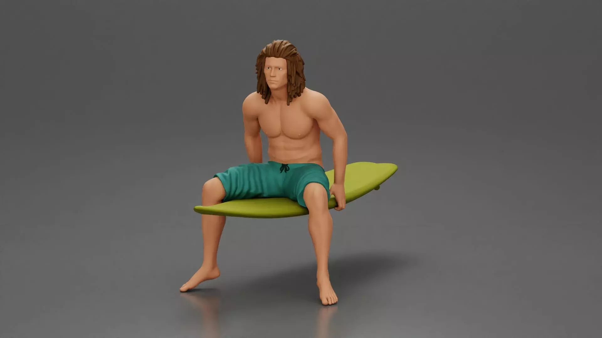LongHaired Surfer Sitting on a Surfboard Waiting for the Waves 3D print model