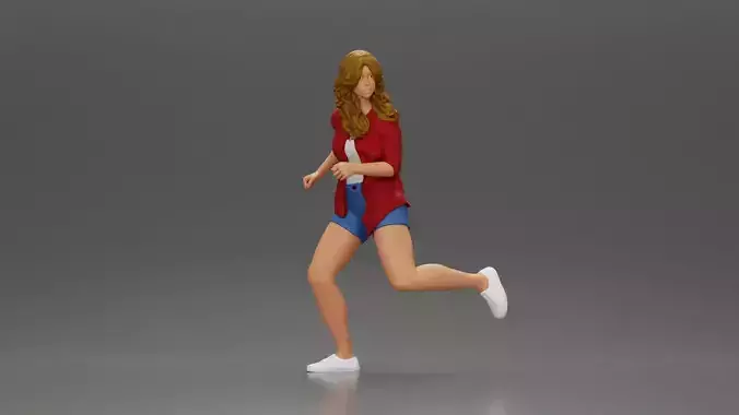 Afraid woman running in shorts with a determined expression