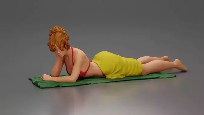 Relaxing on a beach towel a woman enjoys sunbathing wrapped 3D print model