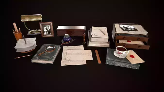 Vintage Desk Essentials pack Low-poly 3D model