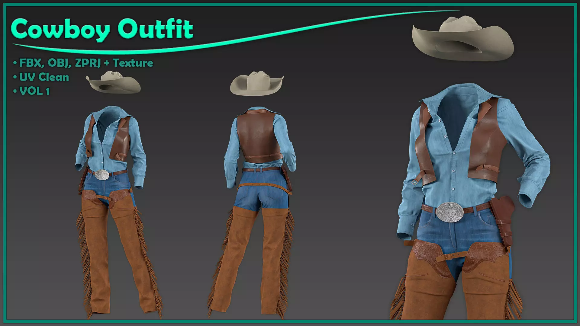 female cowboy outfit with texture 3D model