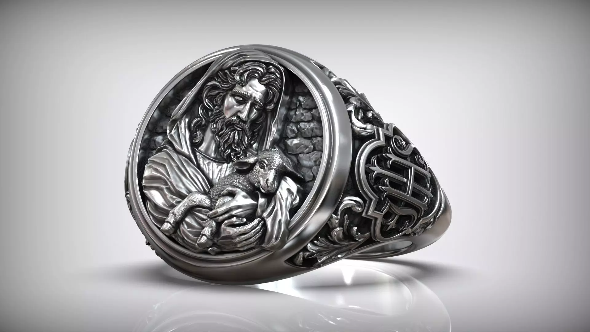 Jesus Christ Shepherd Holding Lamb Christian Ring 3D print model