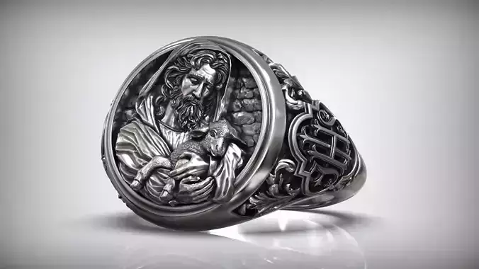 Jesus Christ Shepherd Holding Lamb Christian Ring 3D print model