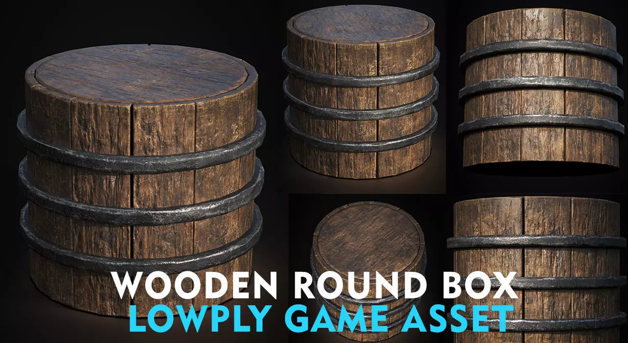 Medieval Wooden Round Box Low-poly 3D model_0