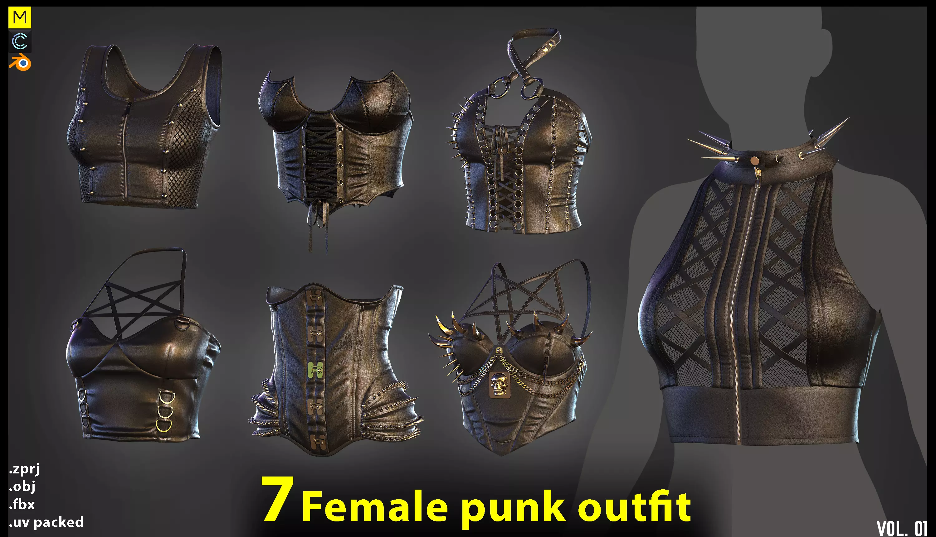7 Female Punk  Gothic corset  tanktop ZPRJ FBX OBJ 3D model_0