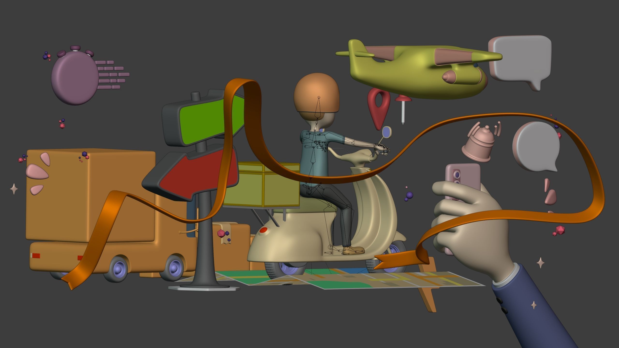 Cartoon Transport Pack - Scooter Plane Truck smartphone Hand Man Low-poly 3D model_11