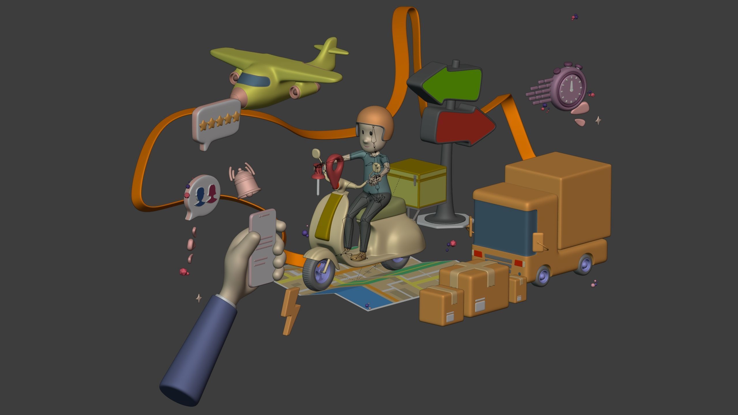 Cartoon Transport Pack - Scooter Plane Truck smartphone Hand Man Low-poly 3D model_7