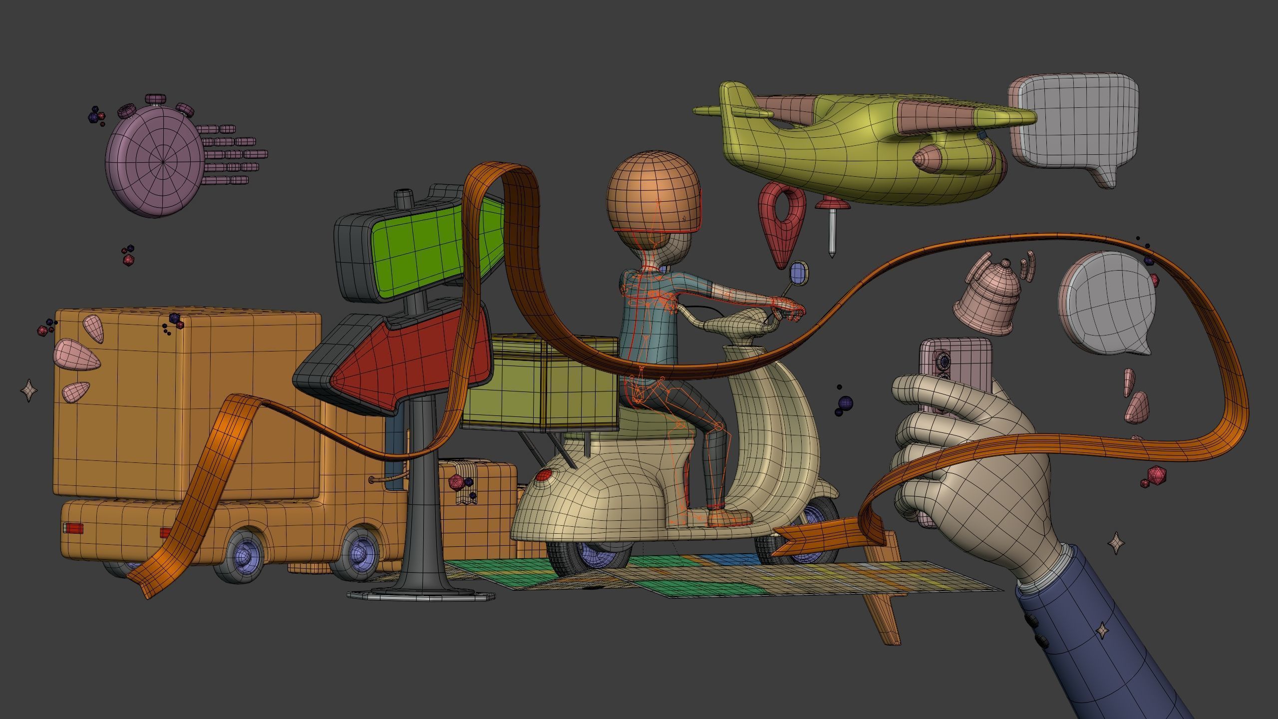 Cartoon Transport Pack - Scooter Plane Truck smartphone Hand Man Low-poly 3D model_12