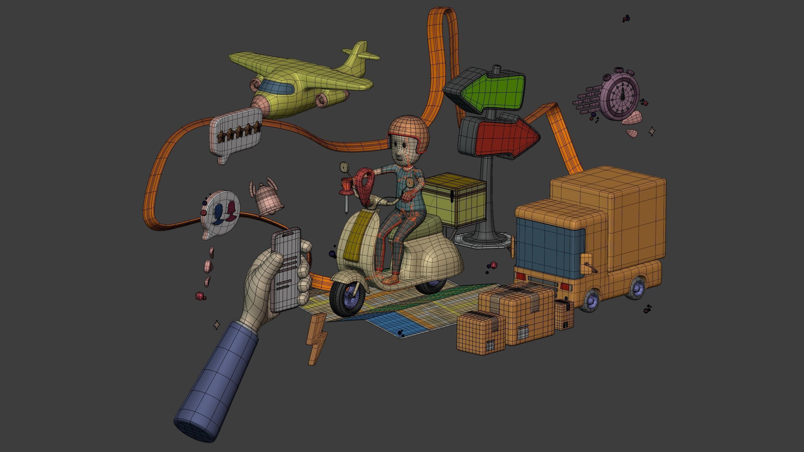 Cartoon Transport Pack - Scooter Plane Truck smartphone Hand Man Low-poly 3D model_8