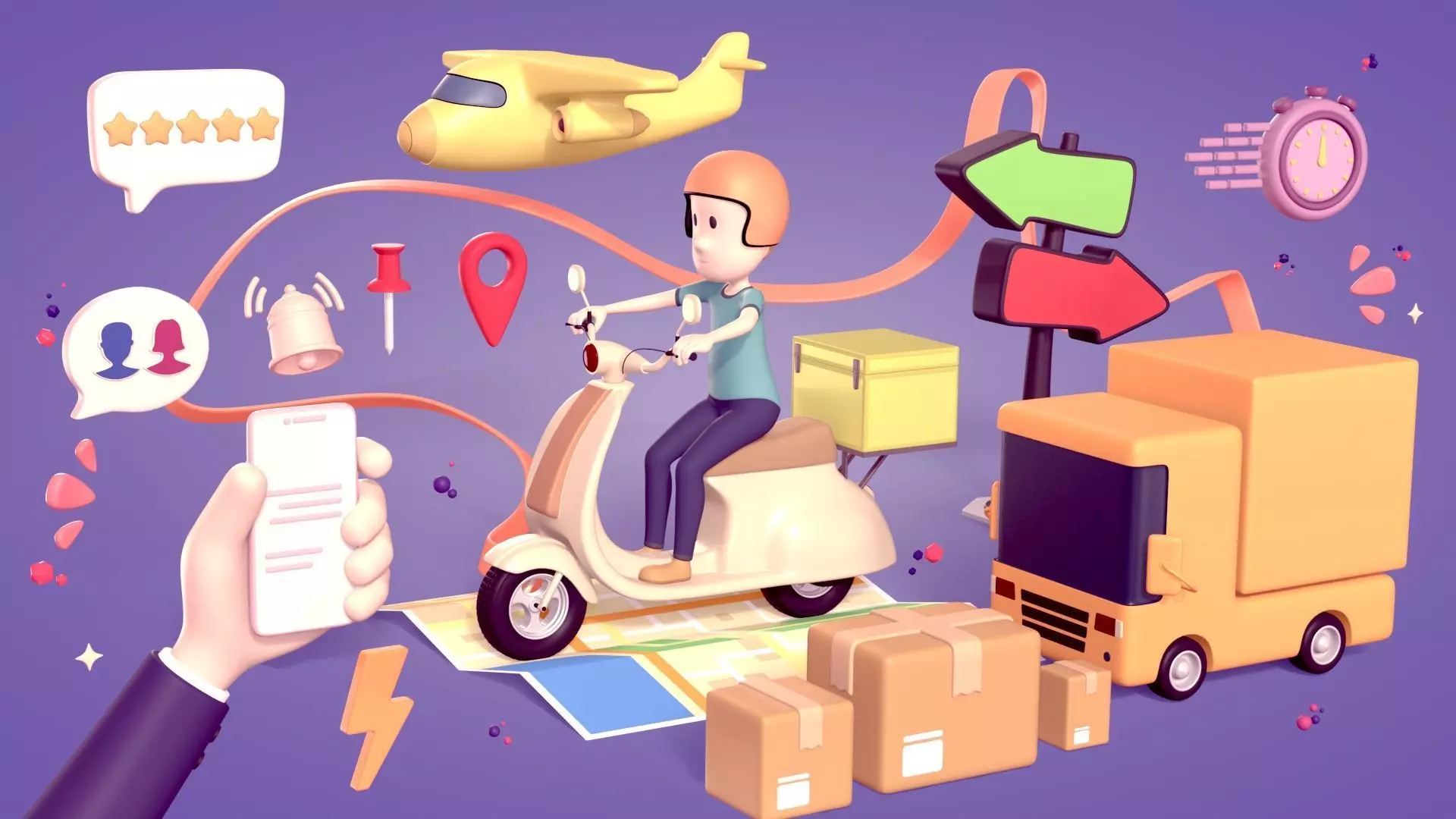 Cartoon Transport Pack - Scooter Plane Truck smartphone Hand Man Low-poly 3D model_0