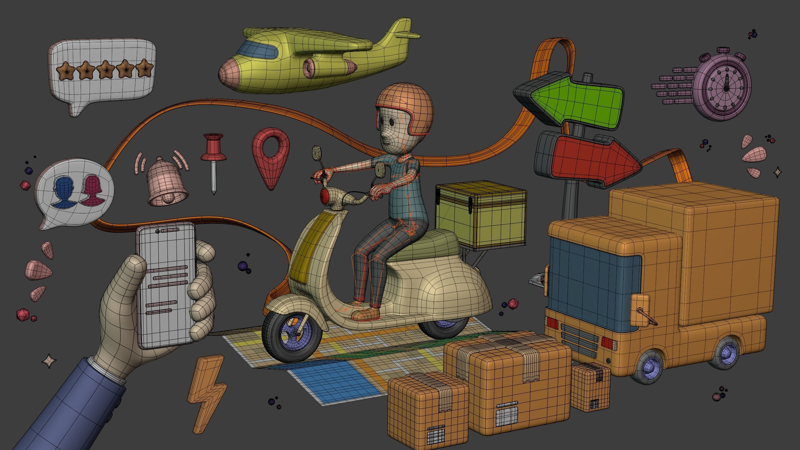 Cartoon Transport Pack - Scooter Plane Truck smartphone Hand Man Low-poly 3D model_2