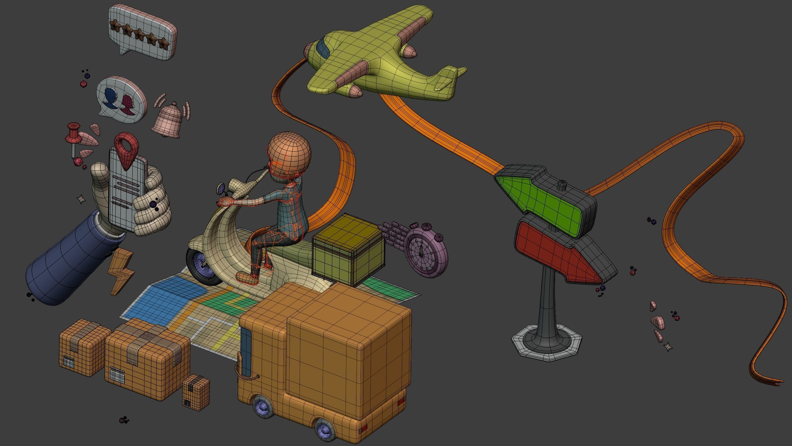 Cartoon Transport Pack - Scooter Plane Truck smartphone Hand Man Low-poly 3D model_10