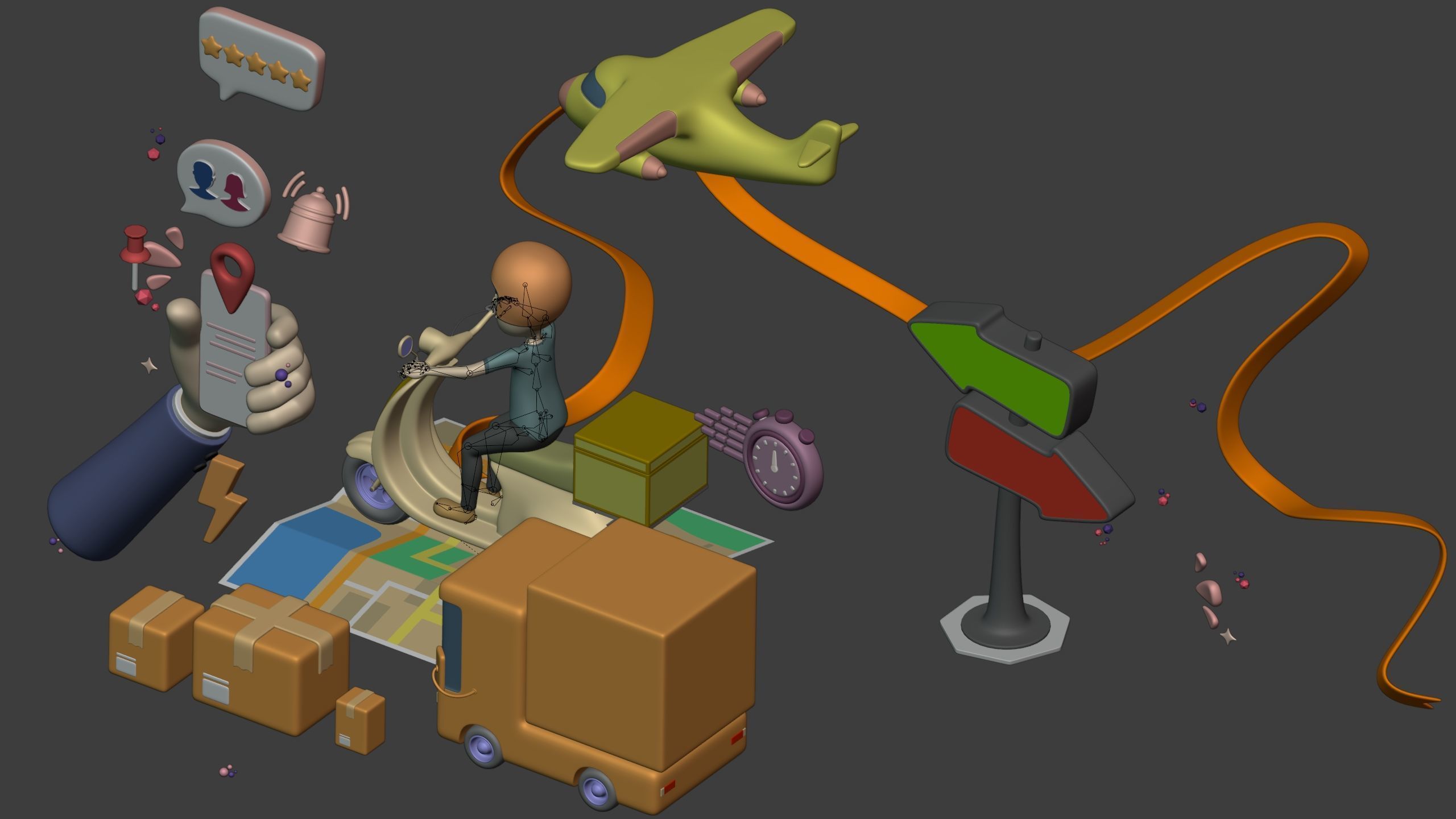 Cartoon Transport Pack - Scooter Plane Truck smartphone Hand Man Low-poly 3D model_9