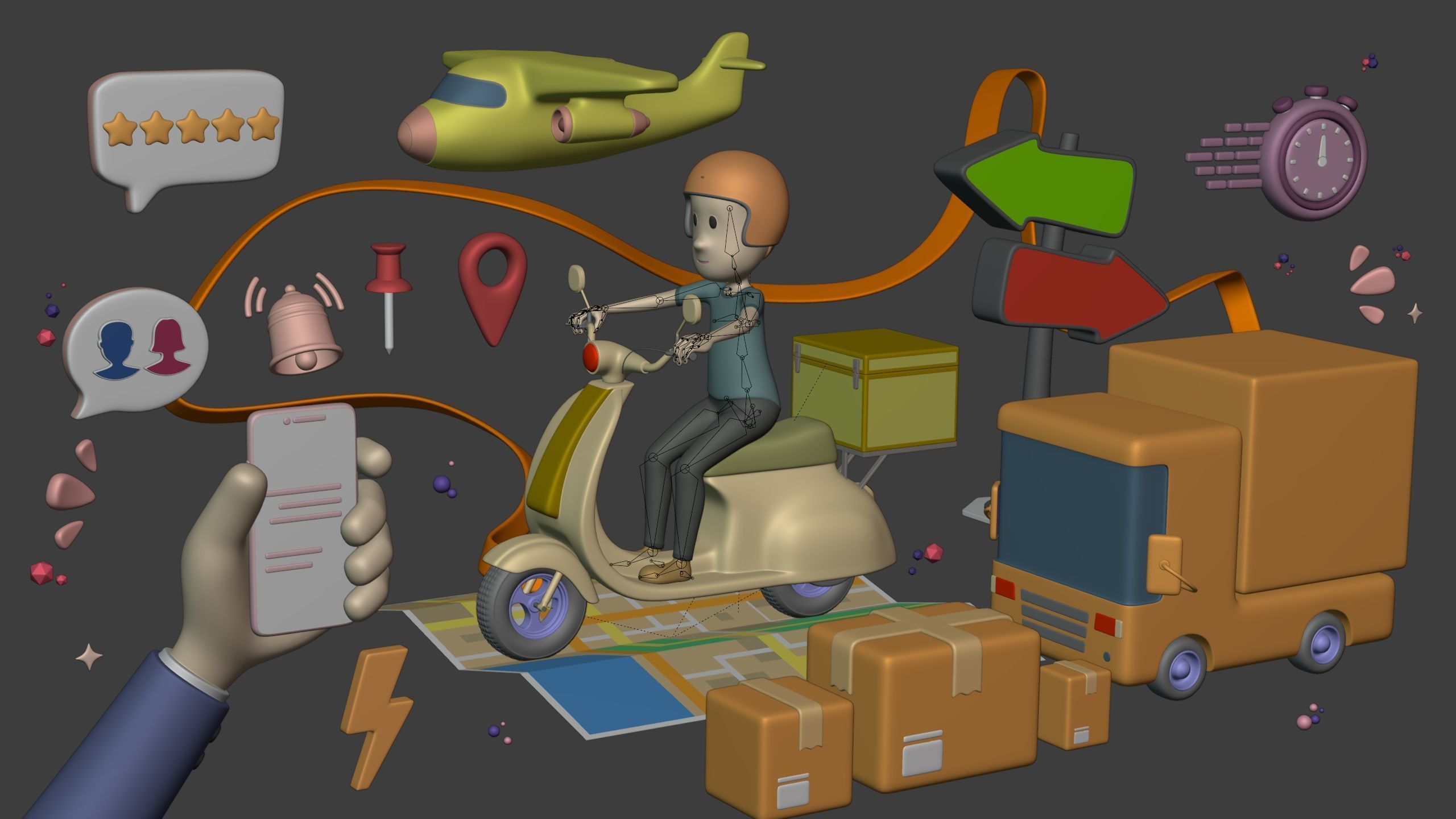 Cartoon Transport Pack - Scooter Plane Truck smartphone Hand Man Low-poly 3D model_1
