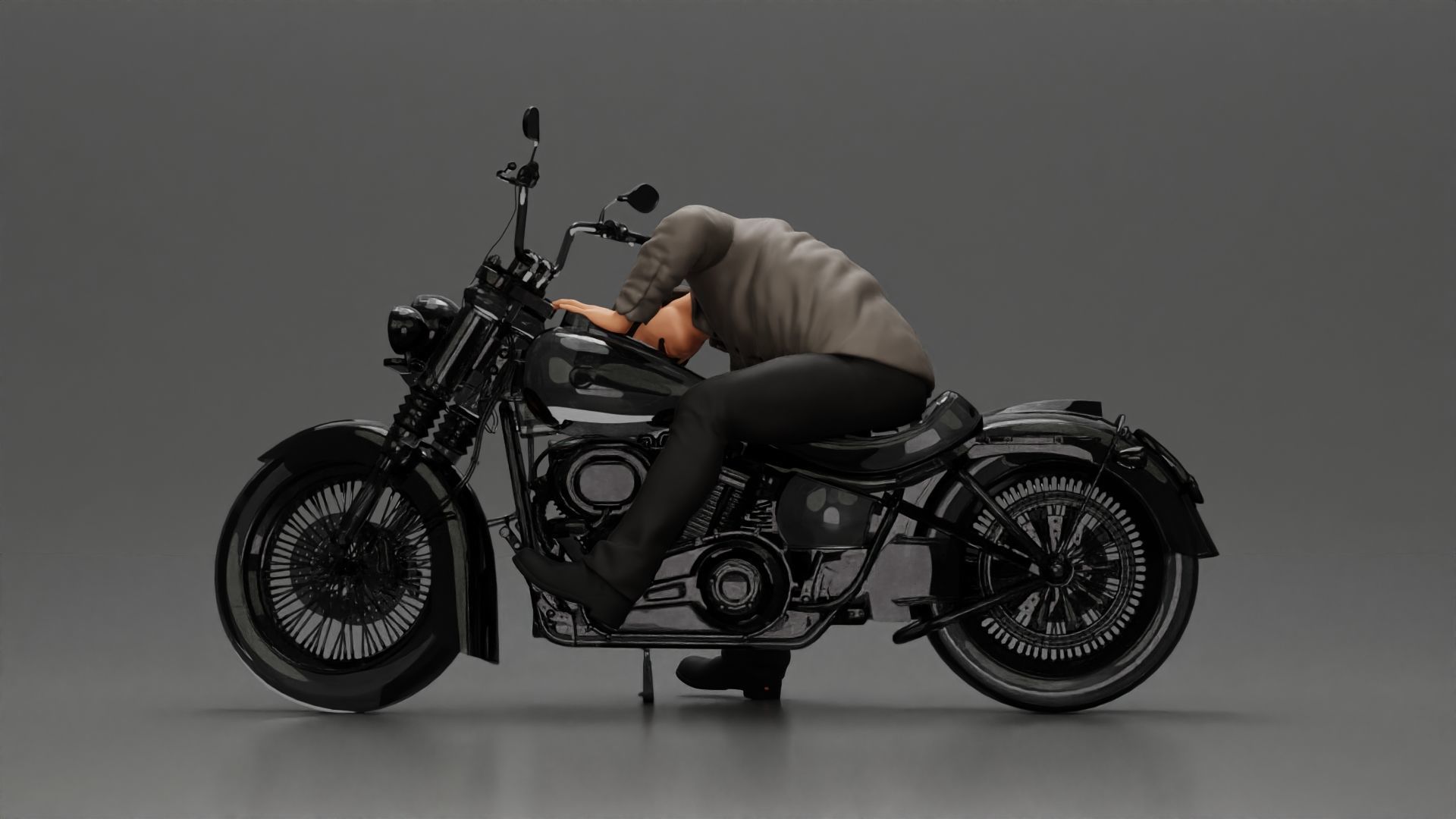 Man sitting on a vintage motorcycle checking it for restoration 3D print model_5