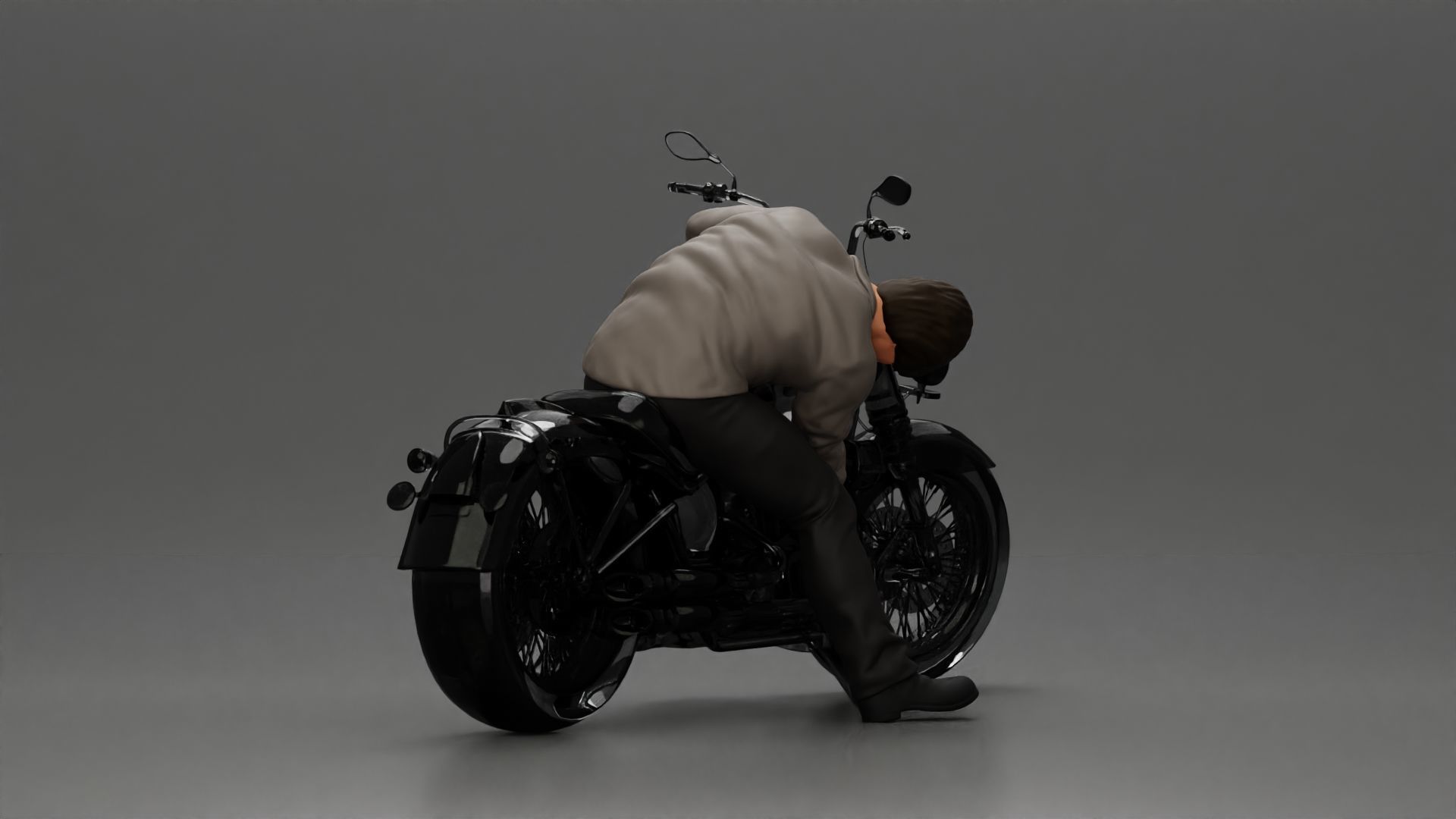 Man sitting on a vintage motorcycle checking it for restoration 3D print model_3