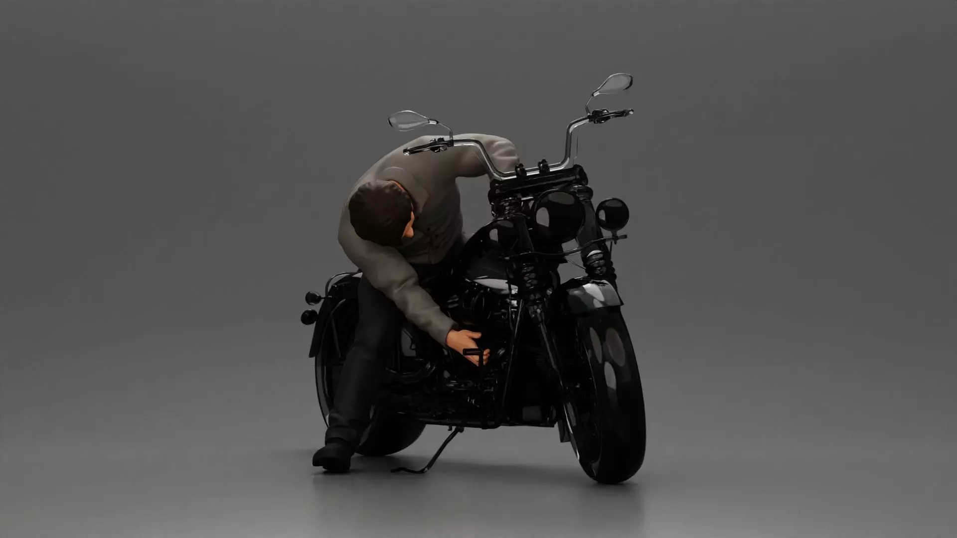 Man sitting on a vintage motorcycle checking it for restoration 3D print model_0